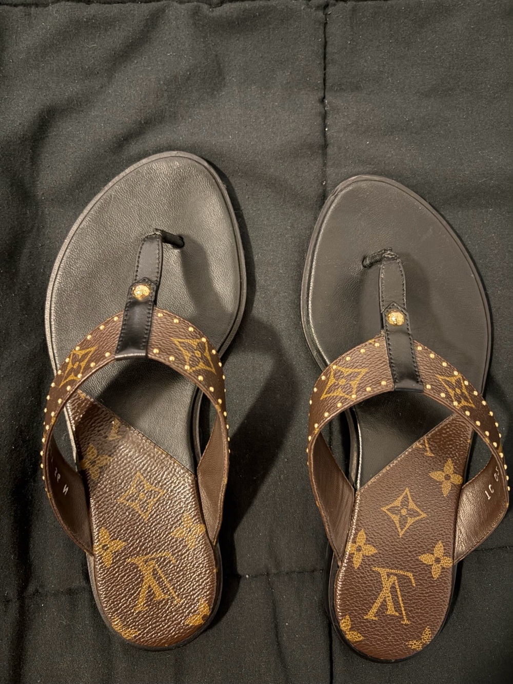 Louis Vuitton Brown Monogram Thong Sandals with Black Trim